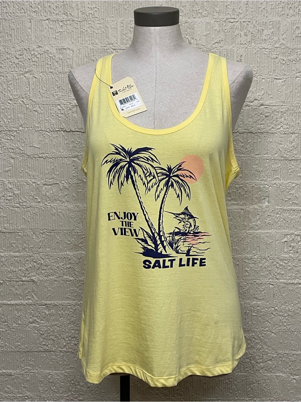 Salt Life Yellow Razorback Tank with Navy Palm Sunset Graphic “Enjoy the View” - Picture 2 of 8
